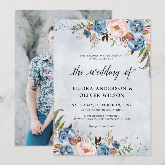 Dusty Blue Peach Blush Botanical Floral Wedin Kaart (Voorkant / Achterkant)