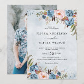 Dusty Blue Peach Blush Botanical Floral Wedin Kaart (Voorkant / Achterkant)