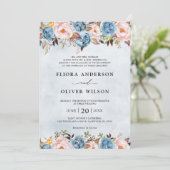 Dusty Blue Peach Blush Botanical Floral Wedin Kaart (Staand voorkant)