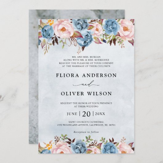 Dusty Blue Peach Blush Botanical Floral Wedin Kaart (Voorkant / Achterkant)