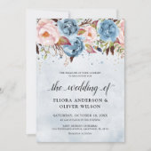 Dusty Blue Peach Blush Botanical Floral Wedin Kaart (Voorkant)