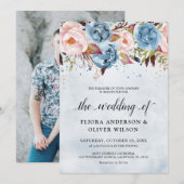 Dusty Blue Peach Blush Botanical Floral Wedin Kaart (Voorkant / Achterkant)