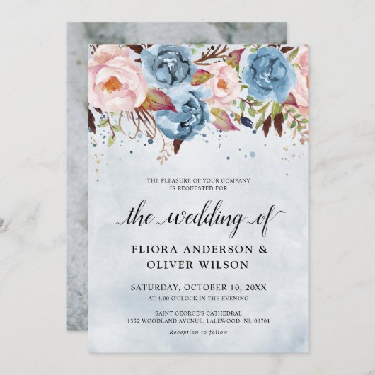 Dusty Blue Peach Blush Botanical Floral Wedin Kaart (Voorkant / Achterkant)