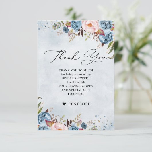 Dusty Blue Peach Blush Botanical Vrijgezellenfeest Bedankkaart (Staand voorkant)