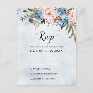 Dusty Blue Peach Blush Botanical Weddenschap RSVP Briefkaart