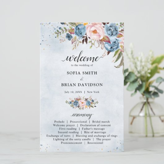 Dusty Blue Peach Blush Botanical Wedding Programme (Staand voorkant)
