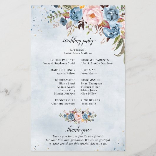 Dusty Blue Peach Blush Botanical Wedding Programme (Achterkant)