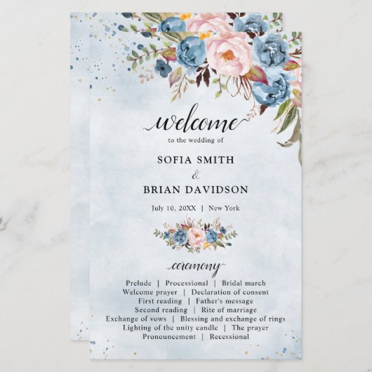 Dusty Blue Peach Blush Botanical Wedding Programme (Voorkant / Achterkant)