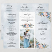 Dusty Blue Peach Blush Botanical Wedding Programme (Voorkant / Achterkant)