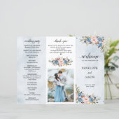 Dusty Blue Peach Blush Botanical Wedding Programme (Staand voorkant)
