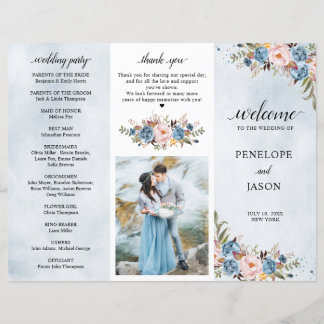 Dusty Blue Peach Blush Botanical Wedding Programme