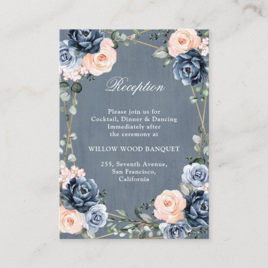 Dusty Blue Peach Blush Geometric Floral Reception Informatiekaartje (Voorkant)