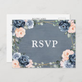 Dusty Blue Peach Blush Geometric Floral RSVP Briefkaart (Voorkant / Achterkant)