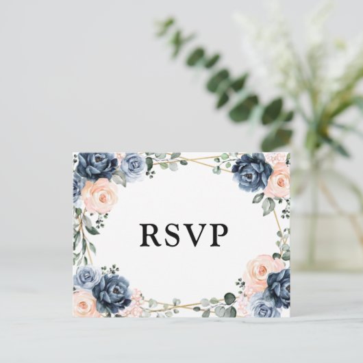 Dusty Blue Peach Blush Geometric Floral RSVP Postc Briefkaart (Staand voorkant)