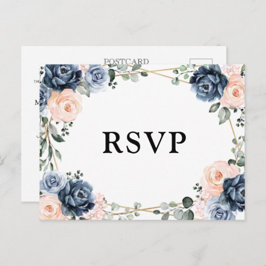 Dusty Blue Peach Blush Geometric Floral RSVP Postc Briefkaart (Voorkant / Achterkant)