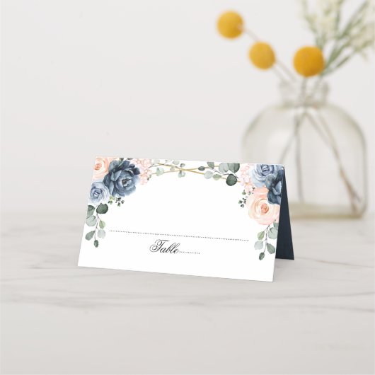 Dusty Blue Peach Blush Geometric Floral Wedding Pl Plaatskaartje (Achterkant)
