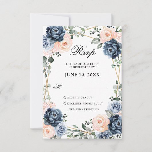 Dusty Blue Peach Blush Geometric Floral Wedding RSVP Kaartje (Voorkant)