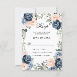 Dusty Blue Peach Blush Geometric Floral Wedding RSVP Kaartje