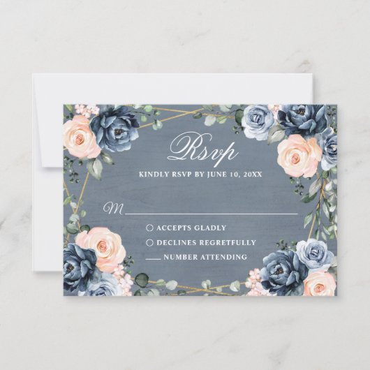 Dusty Blue Peach Blush Geometric Floral Wedding RSVP Kaartje (Voorkant)