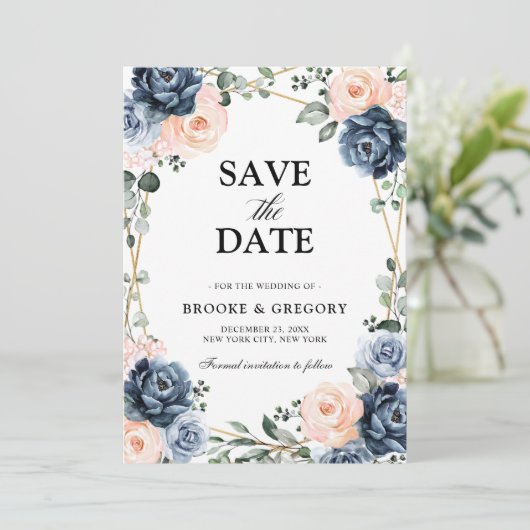 Dusty Blue Peach Blush Geometric Floral Wedding Sa Save The Date (Staand voorkant)