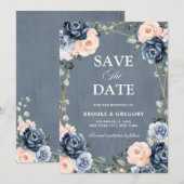 Dusty Blue Peach Blush Geometric Floral Wedding Save The Date (Voorkant / Achterkant)