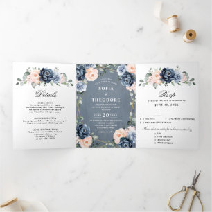 Dusty Blue Peach Blush Geometric Floral Wedding Tr Drieluik Aankondiging