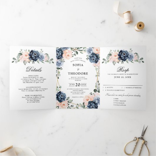 Dusty Blue Peach Blush Geometric Floral Wedding Tr Drieluik Aankondiging (Binnen)