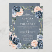 Dusty Blue Peach Blush Geometric Floral Wedin Kaart (Voorkant / Achterkant)