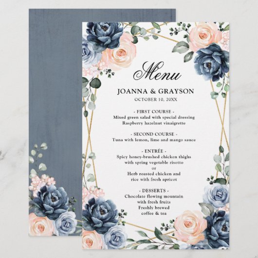 Dusty Blue Peach Blush Geometric Wedding Menu (Voorkant / Achterkant)
