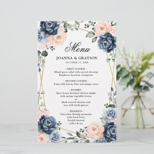 Dusty Blue Peach Blush Geometric Wedding Menu (Staand voorkant)