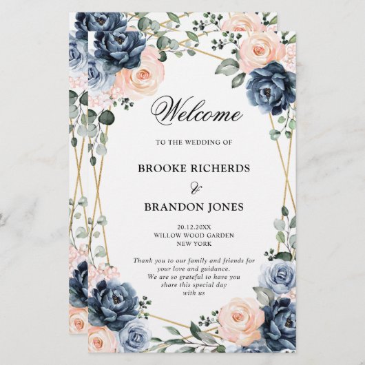 Dusty Blue Peach Blush Geometric Wedding Programme (Voorkant / Achterkant)