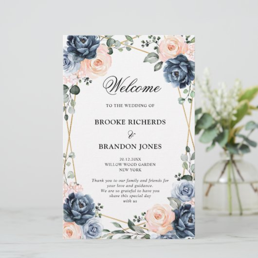Dusty Blue Peach Blush Geometric Wedding Programme (Staand voorkant)