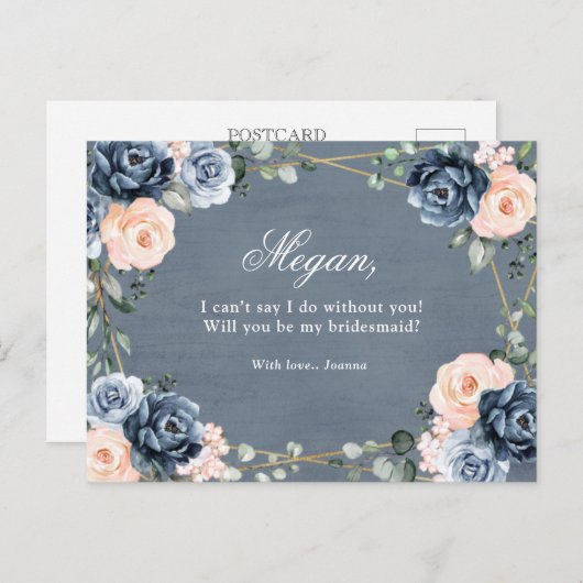 Dusty Blue Peach Blush zal je zijn mijn Bridesmaid Briefkaart (Voorkant / Achterkant)