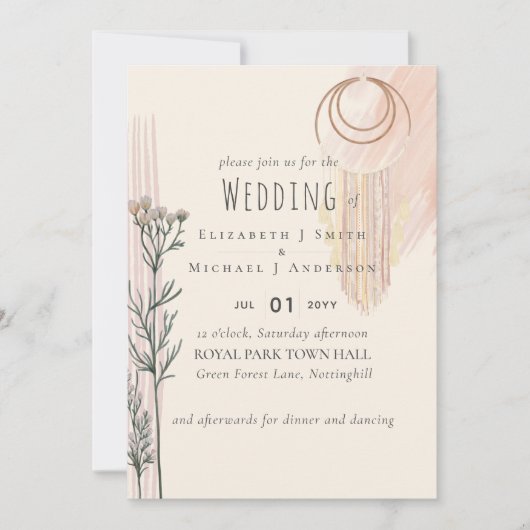 Dusty Blue Peach BOHO Wedding Invitation (Voorkant)