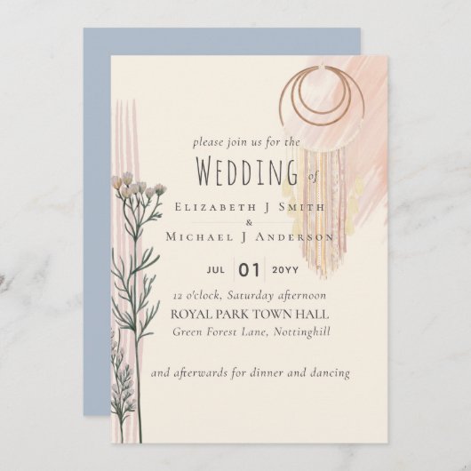 Dusty Blue Peach BOHO Wedding Invitation (Voorkant / Achterkant)