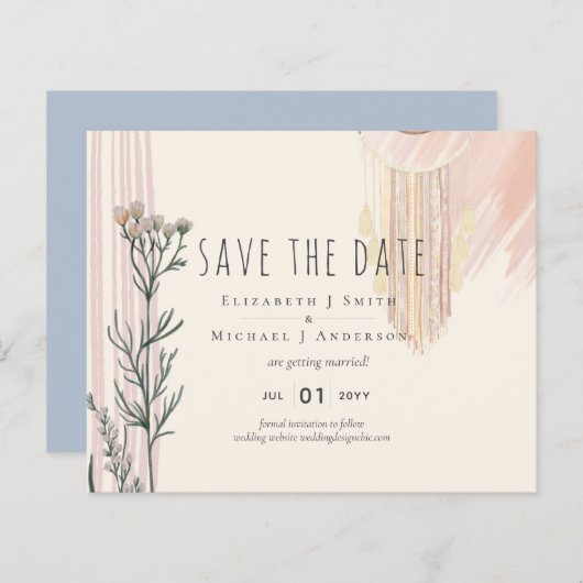 Dusty Blue Peach BOHO Wedding Save the Dates (Voorkant / Achterkant)