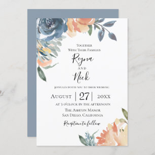 Dusty Blue Peach Botanical Wedding Uitnodiging