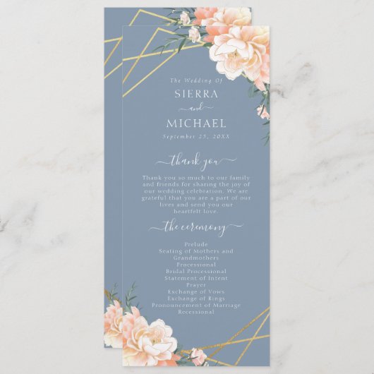 Dusty Blue Peach Cream Gold Geometrische bruiloft Programmakaart (Voorkant / Achterkant)