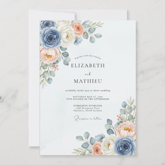 Dusty Blue Peach Delicate Spring Wedding Kaart (Voorkant)
