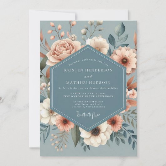 Dusty Blue Peach Flora Wedding Kaart (Voorkant)