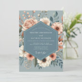 Dusty Blue Peach Flora Wedding Kaart (Staand voorkant)