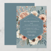 Dusty Blue Peach Flora Wedding Kaart (Voorkant / Achterkant)
