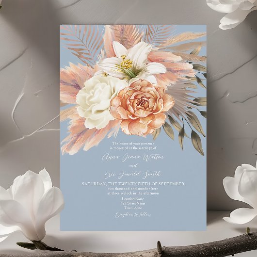 Dusty Blue Peach Floral Elegante bruiloft uitnodig Kaart