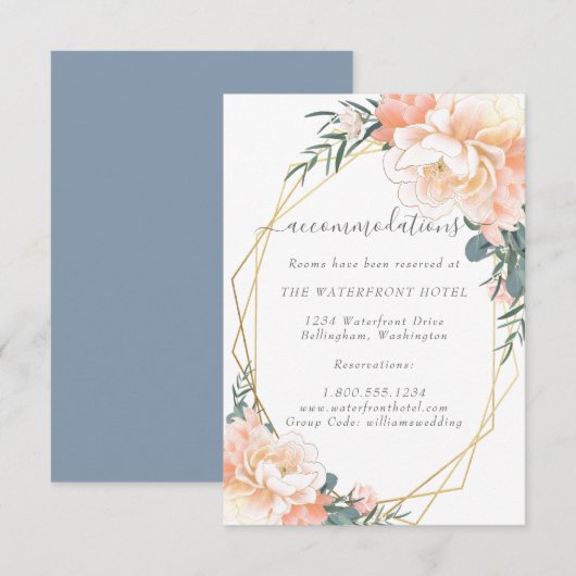 Dusty Blue Peach Floral Gold Bruiloft Accommodatie Informatiekaartje (Voorkant / Achterkant)