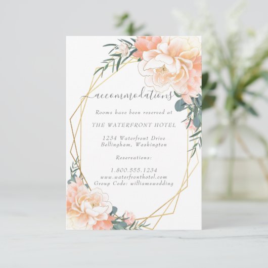Dusty Blue Peach Floral Gold Bruiloft Accommodatie Informatiekaartje (Staand voorkant)