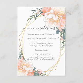 Dusty Blue Peach Floral Gold Bruiloft Accommodatie Informatiekaartje