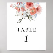 Dusty Blue Peach Floral Table Number Poster (Voorkant)