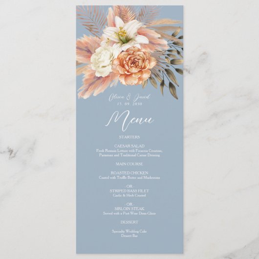 Dusty Blue Peach Floral Wedding Dinner Menu (Voorkant)
