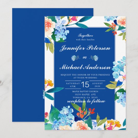 Dusty Blue & Peach Floral Wedding Invitation Kaart (Voorkant / Achterkant)