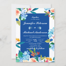 Dusty Blue & Peach Floral Wedding Invitation Kaart